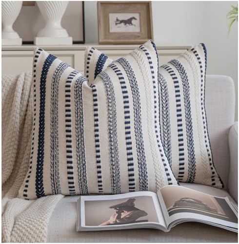 Cethom Navy Blue Boho Throw Pillow Covers 22x22 Inch Set of 2, Stripe Textured Decorative Couch Pillow Cases for Bed, Sofa, Living Room, Bedroom, Farmhouse Home Accent Cushion Covers by Cethom