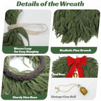 24" Norfolk Pine Wreath, Artificial Christmas Wreaths, Real Touch Green Winter Garland for Front Door Wall Indoor Outdoor Christmas Holiday Decor, with Bow & Bell, FF12 - Image 5
