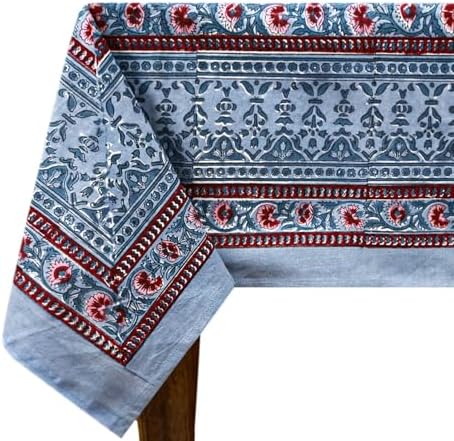 72x118 Inches Rectangle Hand Block Printed Cotton Tablecloth, Red Grey Floral Table Cloths Washable, Indian Table Linen for Halloween Christmas Outdoor Thanksgiving Gifts Home Decor Dinning Outdoor by HomeSpunCrafts