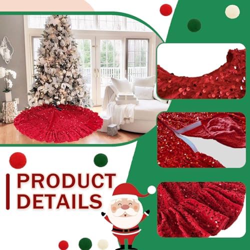 Red Tree Skirt 45 Inch Sequin Christmas Tree Skirt Ruffle - Image 5