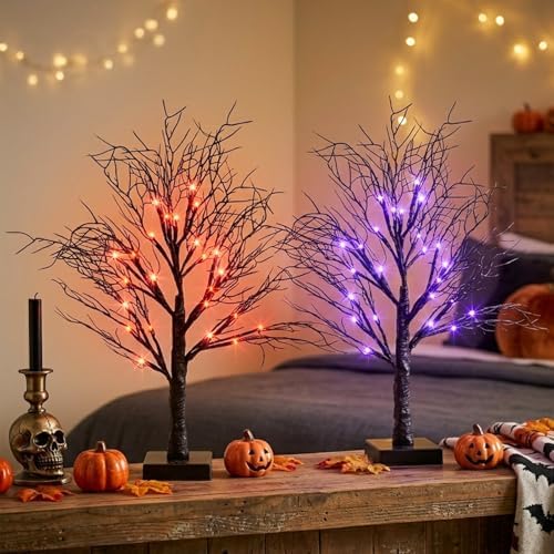 2 Pack Halloween Tree, Vanthylit Black Tree with Orange Purple Bi-Color Led Lights 6 Functions, USB & Battery Operated Lighted Willow Branch for Indoor Halloween Decorations (22 inch,24 LED) - Image 6