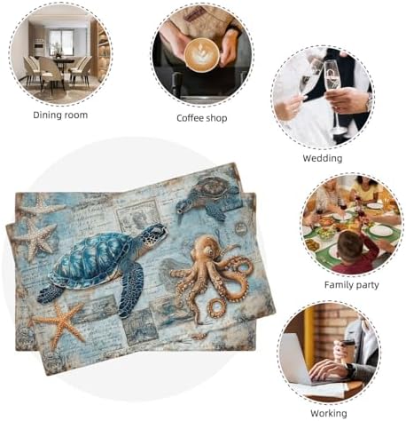 Sea Turtle Octopus Placemats Set of 6 Beach Table Mats Vintage Place Mats Decor Imitation Linen Heat Resistant Ocean Animals Tablecloth for Dining Decoration Kitchen Party Restaurants 12''x18'' - Image 7