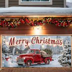 Christmas Garage Door Banner 6x13FT, Red Vintage Truck with Tree, Merry Christmas Garage Door Cover, Large Outdoor Xmas Decorations for Holiday Yard, House Front, Driveway & Winter Party Decor by ANNAQUEEN