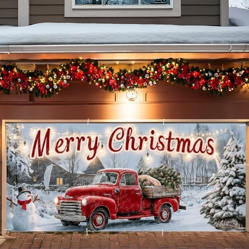 Christmas Garage Door Banner 6x13FT, Red Vintage Truck with Tree, Merry Christmas Garage Door Cover, Large Outdoor Xmas Decorations for Holiday Yard, House Front, Driveway & Winter Party Decor by ANNAQUEEN