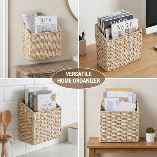 MyGift 12.5-Inch Woven Wall Hanging Storage Basket – Large Decorative Seagrass Organizer for Magazines, Mail, and Home Storage - Image 4