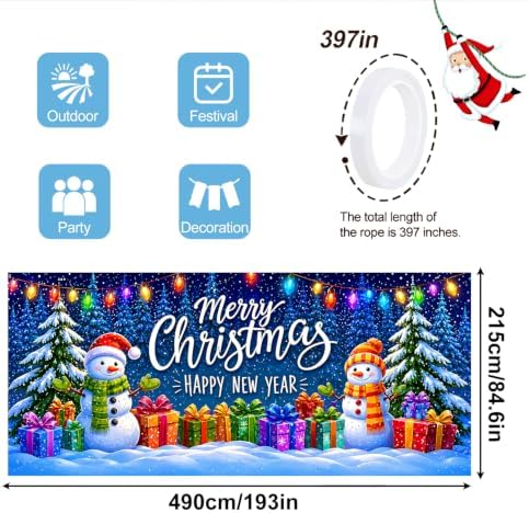 Christmas Garage Door Banner Mural - Merry Christmas Happy New Year Snowman Backdrop - Large 7x16ft Winter Holiday Outdoor Wall Decor - Durable Weatherproof Fabric Cover for Home Xmas Party - Image 2