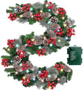 Timer - 9Ft by 10 Inch Prelit Christmas Garland with 50 Colorful Lights, Thick 270 Snowy Tips 70 Red Berry 10 Pinecone Battery Operated 8 Mode Real Touch Cedar Valentines Garland Mantle Indoor Outdoor by Camlinbo