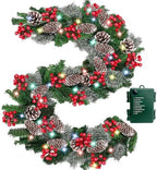 Timer - 9Ft by 10 Inch Prelit Christmas Garland with 50 Colorful Lights, Thick 270 Snowy Tips 70 Red Berry 10 Pinecone Battery Operated 8 Mode Real Touch Cedar Valentines Garland Mantle Indoor Outdoor by Camlinbo