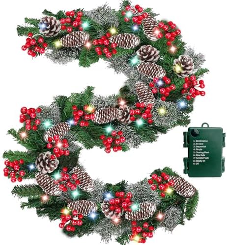 Timer - 9Ft by 10 Inch Prelit Christmas Garland with 50 Colorful Lights, Thick 270 Snowy Tips 70 Red Berry 10 Pinecone Battery Operated 8 Mode Real Touch Cedar Valentines Garland Mantle Indoor Outdoor by Camlinbo