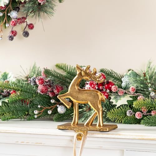 Glitzhome Polyresin Christmas Stocking Holders Set of 3 Golden Tree and Reindeer Mantel Decor with Non-Slip Metal Base for Holiday Fireplace Indoor Decoration - Image 5
