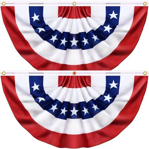 2 Pack 3x6 Ft American Pleated Fan Flags, USA Patriotic Bunting Banner for Outside, Red White and Blue Half Fan Decorations for Fourth of July, Memorial Day, Independence Day Decor by Huyamap
