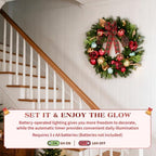 Hykolity 24 Inch Pre-Lit Magnolia Christmas Wreath, Battery Operated Lighted Wreath with 30 Warm White LEDs, Timer, Burgundy Flowers, Plaid Bow, Ornaments and Pinecones for Front Door - Image 4