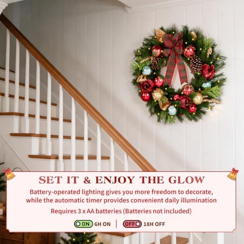 Hykolity 24 Inch Pre-Lit Magnolia Christmas Wreath, Battery Operated Lighted Wreath with 30 Warm White LEDs, Timer, Burgundy Flowers, Plaid Bow, Ornaments and Pinecones for Front Door - Image 4