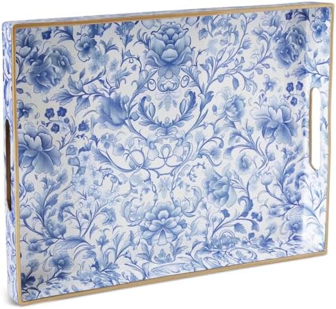Serving Tray with Handles, Rectangular Plastic Tray 15.75x11.81 Inch, Blue and White Peony Chinese Porcelain Style Decorative Tray for Kitchen, Dining Table, Vanity, Office & Home by Origtray