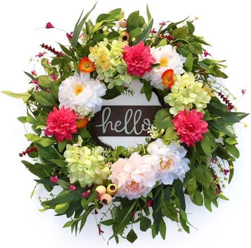 24" Summer Wreaths for Front Door with Hello Sign,Hydrangea Wreath with Pink Dahlia Flowers Eucalyptus.Summer Wreath for Front Door,Porch,Farmhouse,Wall,Window Indoor Outdoor Decor by AmoriseArtificialFLowers