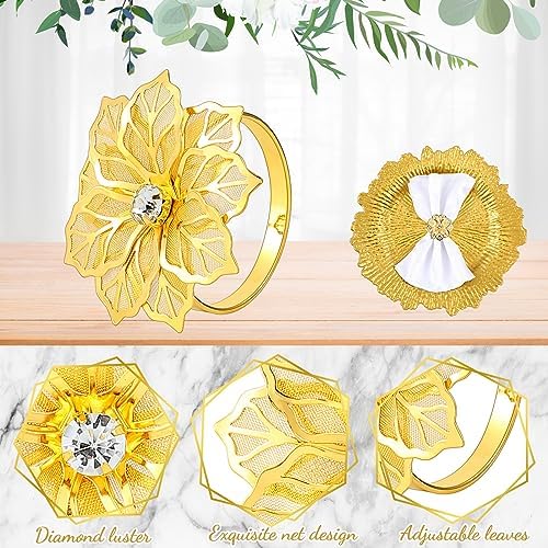 Dandat 100 Pcs Charger Plate Bulk 13'' Floral Reef Plates with Napkin Ring 50 Plastic Dinner Charger Plate 50 Flower Napkin Holder for Table Setting Wedding Party (Gold) - Image 3