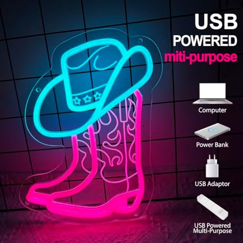 Cowgirl Boot Neon Sign, Led Cowboy Hat Neon Lights Sign for Wall Decor, Western Wall Art Cowboy Neon Sign for Game Room, Bedroom, Bar, Man Cave - Gifts for Rodeo Enthusiast, Birthday, Christmas - Image 3