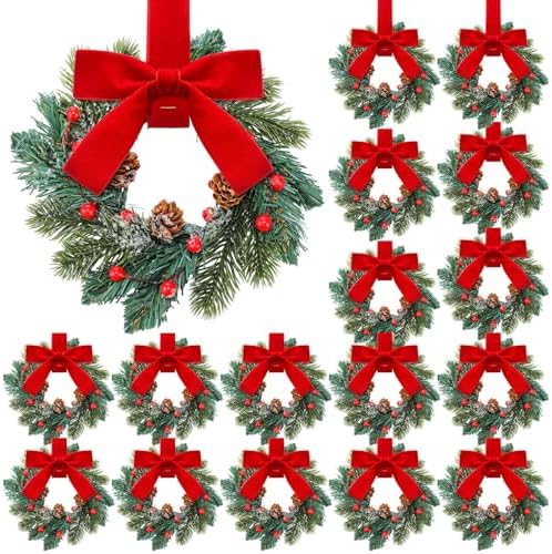 Knitgrip 18 Pcs Mini Christmas Kitchen Wreath with Red Bow Pine Cone Decor by Knitgrip