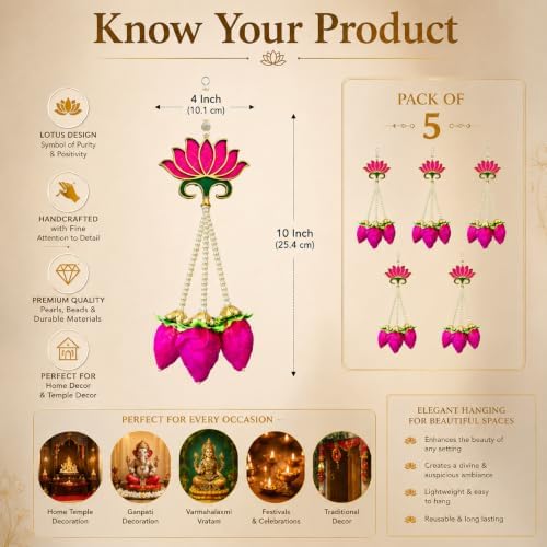 Divyakosh Handmade Lotus Buds Hanging, Pack of 5, Size 16 Inch, Pooja Room Decoration Items, Solawood Lotus Hangings for Decor, Mandir Decorations Items, Garlands for Decorative |, Multicolor - Image 2