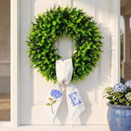 Boxwood Wreath for Front Door Spring Summer Wreaths for Farmhouse,Last Name Initial Year Round Porch Decor,20 inch Geen Wreath with Personalized Monogram sash Embroidered Hydrangea and Letter - (E) by Vofuly