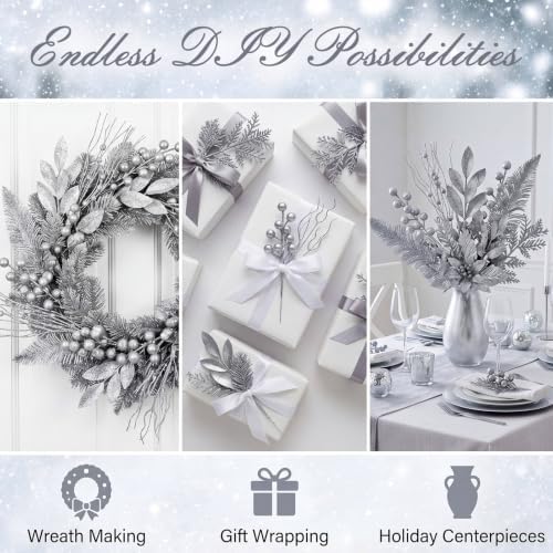 Silver 66 Pcs Christmas Glitter Picks and Sprays, Xmas Artificial Floral Stems Branches Berry Leaf Pine for Tree Topper Wreath Garland Centerpiece Holiday Party Home Decor - Image 5
