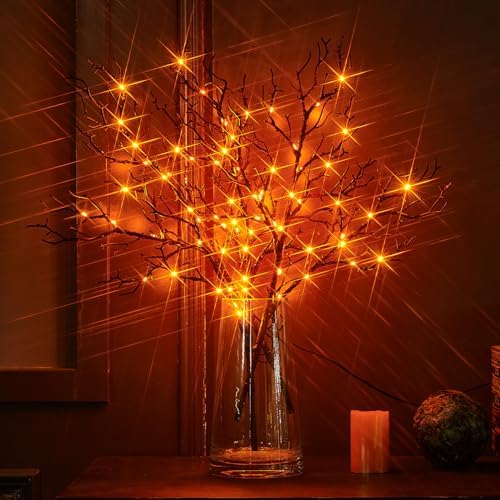 Birchlitland Halloween Branch Lights with Timer Battery Operated 75 LED Orange Fairy Lights, Lighted Black Willow Branches 21IN for Home Decor - Image 3