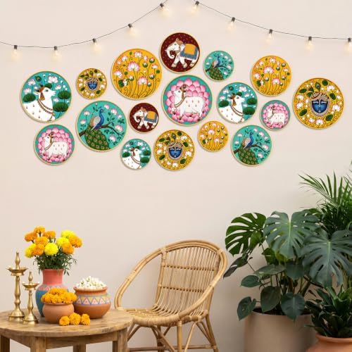 RattanView 18 Pcs Indian Round Wall Art, Diwali Wall Hanging Decor, Pichwai - Image 2