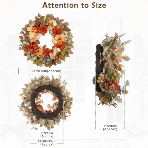 24" Fall Wreath with Pumpkins Dahlias Daisies Berries & Eucalyptus Leaves - Image 2