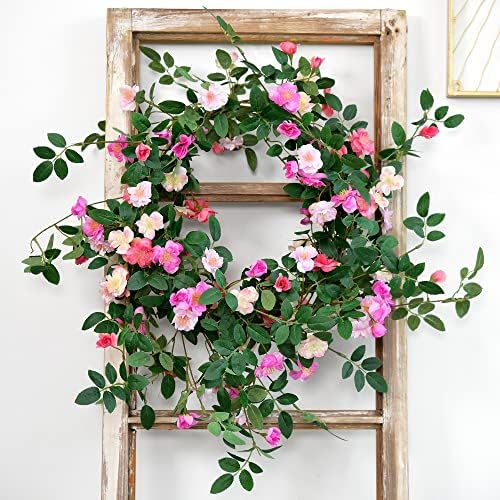 FiveSeasonStuff Fuchsia Pink Wild Rose Vine Garland, Two Faux Silk Floral Garlands with Greenery, Bendable Decorative Vines 12 ft Total - Image 4