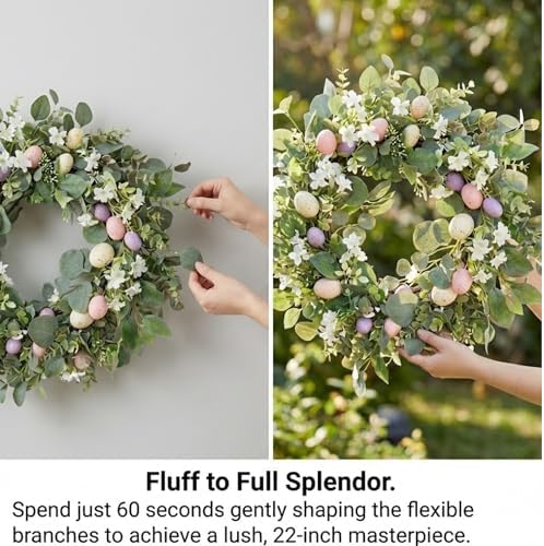 22 Inch Easter Wreath for Front Door, Spring Eucalyptus Wreath with Pastel Speckled Eggs & White Jasmine Flowers, Farmhouse Summer Outdoor Holiday Décor - Image 4