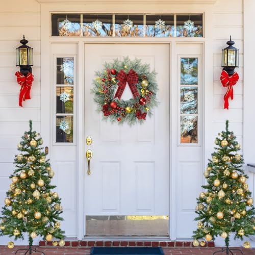 Sggvecsy 20 Inch Artificial Christmas Wreath for Front Door with Pine Needles Red Berries Pine Cones Buffalo Plaid Bow Christmas Ball Decorations for Winter Wall Outdoor Home Holiday Xmas Decor - Image 2