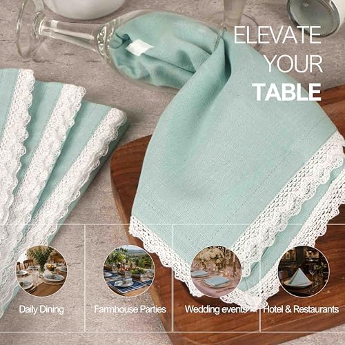 FINGERCRAFT Lace Cloth Napkins, Cotton Linen, 12 Pack, 20x20 Inch, Aqua - Image 5