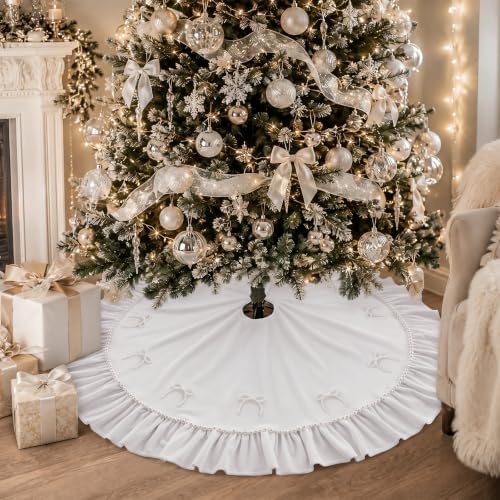 48 Inches Pearl Christmas Tree Skirt Plush Christmas Velvet Tree Skirt with Pearl Bow White Ruffle Edge Handmade Mat for Xmas Holiday Winter Party Decorations - Image 5