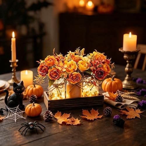 LUEUR Fall Mason Jar Centerpiece Set of 3 with Rustic Wood Tray-Orange Rose - Image 5