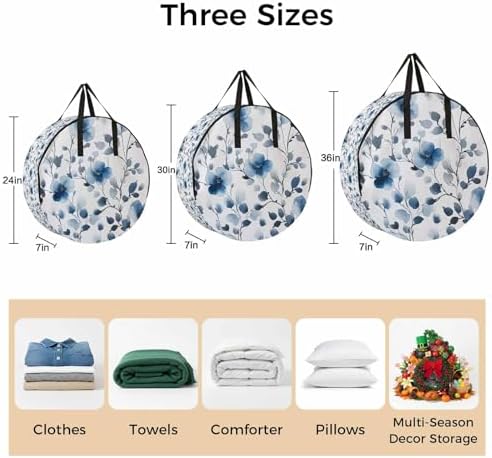 Blue Flowers Round Storage Bag 24 Inch, Retro Spring Watercolor Leaves Floral Clothes Storage Container with Handles Heavy Duty Organizer for Comforter, Bedding & Holiday Wreaths - Image 7