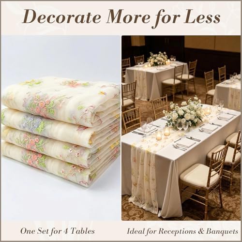 4 Pack Beige Wildflower Floral Table Runner 120", Embroidered Tulle Gauze for Wedding Reception, Boho Vintage Spring Summer Table Decor - Image 4
