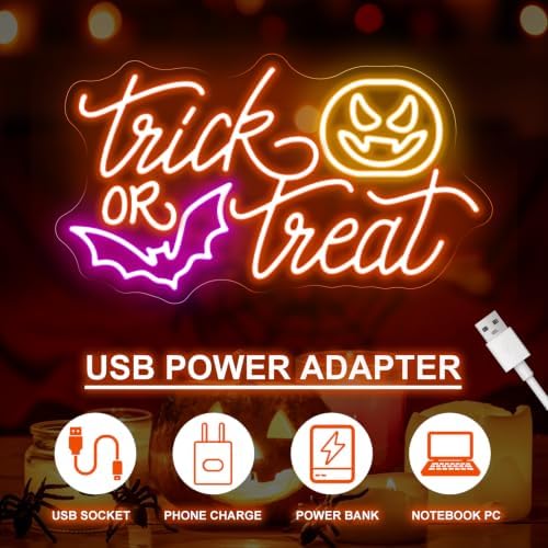Trick or Treat Neon Sign, Pumpkin Bat Halloween Wall Light 16.5x9.4 Inch - Image 4