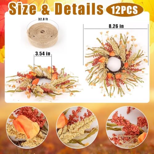 12 Pcs Mini Fall Wreaths for Kitchen Cabinets Thanksgiving Artificial Wreaths Autumn Hanging Wreath Harvest Candle Rings Farmhouse with Ribbon for Front Door Porch Wall Window Decoration - Image 4