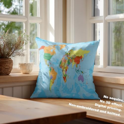 Batmerry Blue World Map Throw Pillow Covers, Map of The World On Mercators Projection Decorative Pillow Covers Digital Printing Blended for Couch Sofa Bed Invisible Zipper 22X22 in(Set of 2) - Image 4