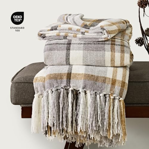 EverGrace Plaid Chenille Knit Throw Blanket, 60"x80", Grey & Beige - Image 4