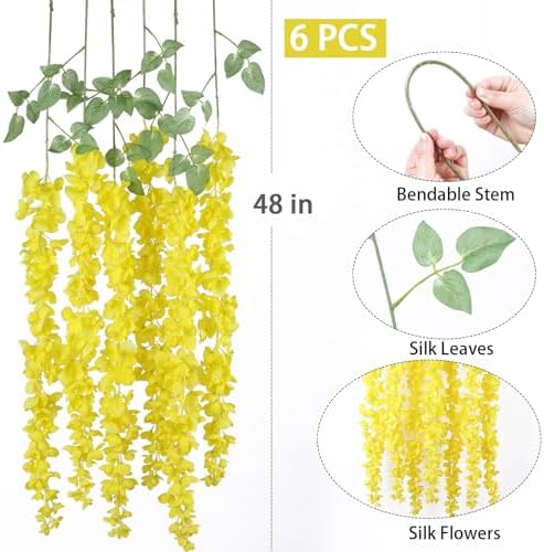 mizii 6Pcs Yellow Wisteria Hanging Flowers 48" Silk Wisteria Artificial Flowers Garland Vines Fake Hanging Flowers Decoration for Wedding Flower Wall Backdrop Centerpieces Party Room Decor (Yellow) - Image 2