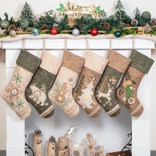 LUBOT 6 Pack Christmas Stockings Set of 6 Large Family Xmas Stocking Woolen Embroidered 20" Modern Rustic Farmhouse Country Rope Fireplace Hanging Holiday Decor by LUBOT