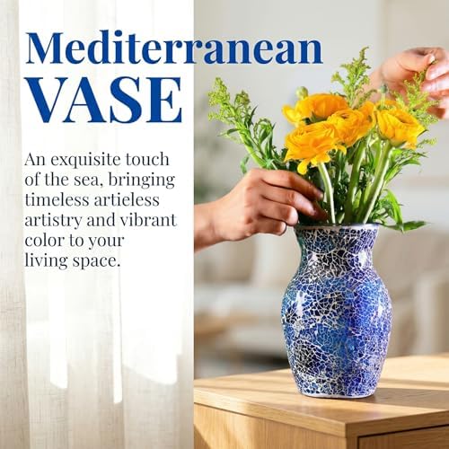 8" Deep Blue Mosaic Vase, Klein Blue Glass Flower Vase with Silver Wave Crest Design, Hand-Pasted Ocean Art Centerpiece for Modern Home, Living Room & Office - Image 4