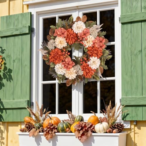 24" Fall Wreaths for Front Door with Mums Dahlias Queen Anne's Lace - Image 5