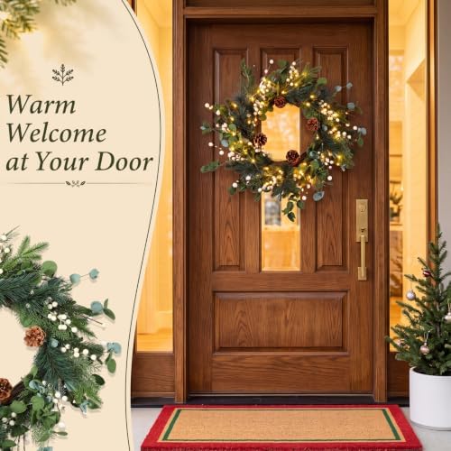 Kajaia 22'' Christmas Wreath for Front Door with Lights Decoration, White - Image 5