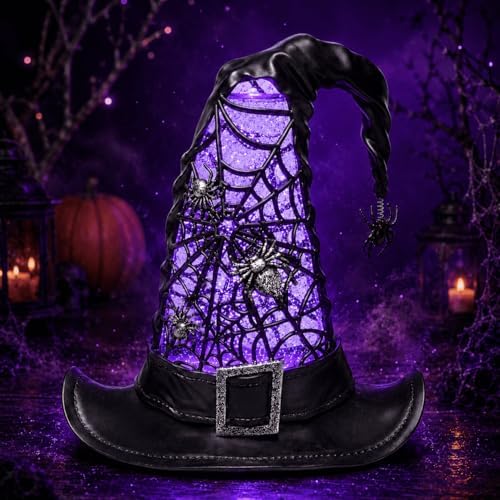 Halloween Witch Hat Snow Globe Lantern with Purple Light & Swirling Glitter, 9.5 Inch Lighted Halloween Tabletop Decor with Spider Web & Hanging Spider, Battery Operated for Mantel Shelf Party by YuxelulmaiGlowforHomeGard