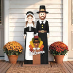Fall Welcome Sign for Front Door, 36" Thanksgiving Pilgrim Couple with Turkey, Wooden Standing Sign, Autumn Front Porch Decor for Outdoor Indoor Yard Garden - Image 3