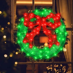 24 Inch Pre-lit Outdoor Christmas Wreath with Bow, Red Bow - Green Wreath by MULTI-SPARKING