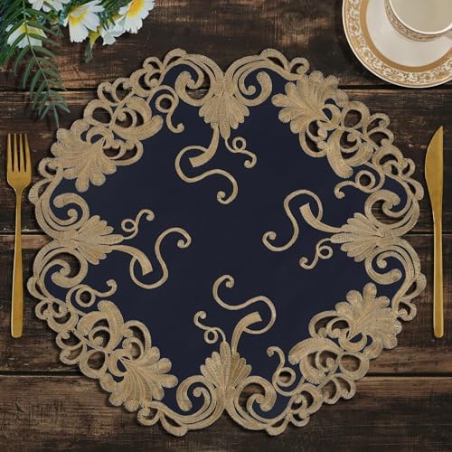 Decozen Set of 12 Doilies for Table, Lace Doilies - Rustic, Crochet, Farmhouse, Kitchen, Round Christmas Placemats - Dining Table Centerpiece Decor - 15 inch Gold Blue, The Vintage Opulence Collection by Decozen
