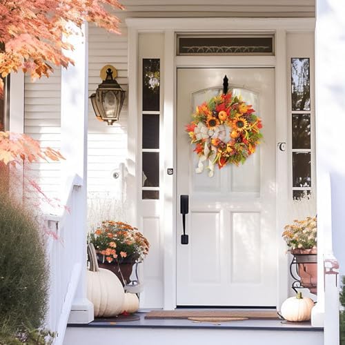 Fall Wreaths for Front Door Outside 24 Inch Autumn Wreath with Pumpkins, Sunflowers, Maple Leaves, Berries & Burlap Bow Fall Door Wreath, Autumn Wreaths for Front Door, Thanksgiving Halloween Decor - Image 5